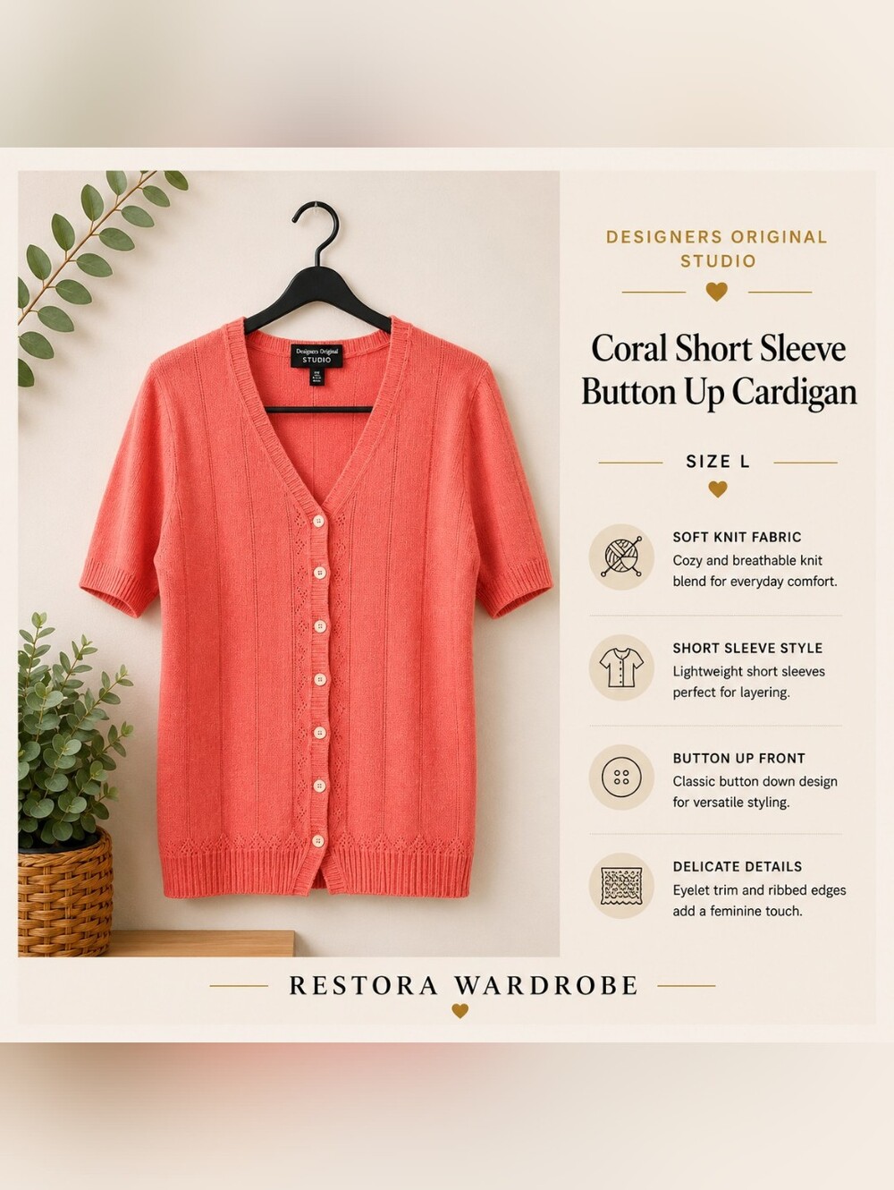 Designers Originals Cardigan Coral Knit Short Sleeve Button Front Size L Vintage